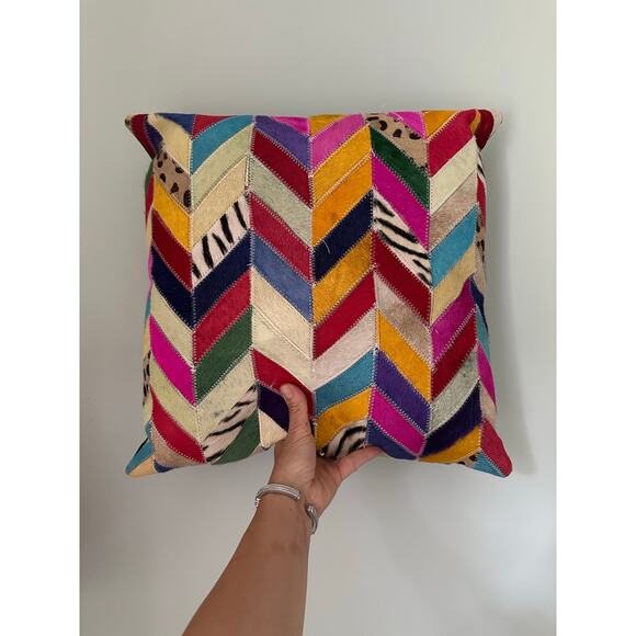 Cowhide Patchwork Decorative Pillow Cover colorful fun unique bright 18” - Picture 3 of 16